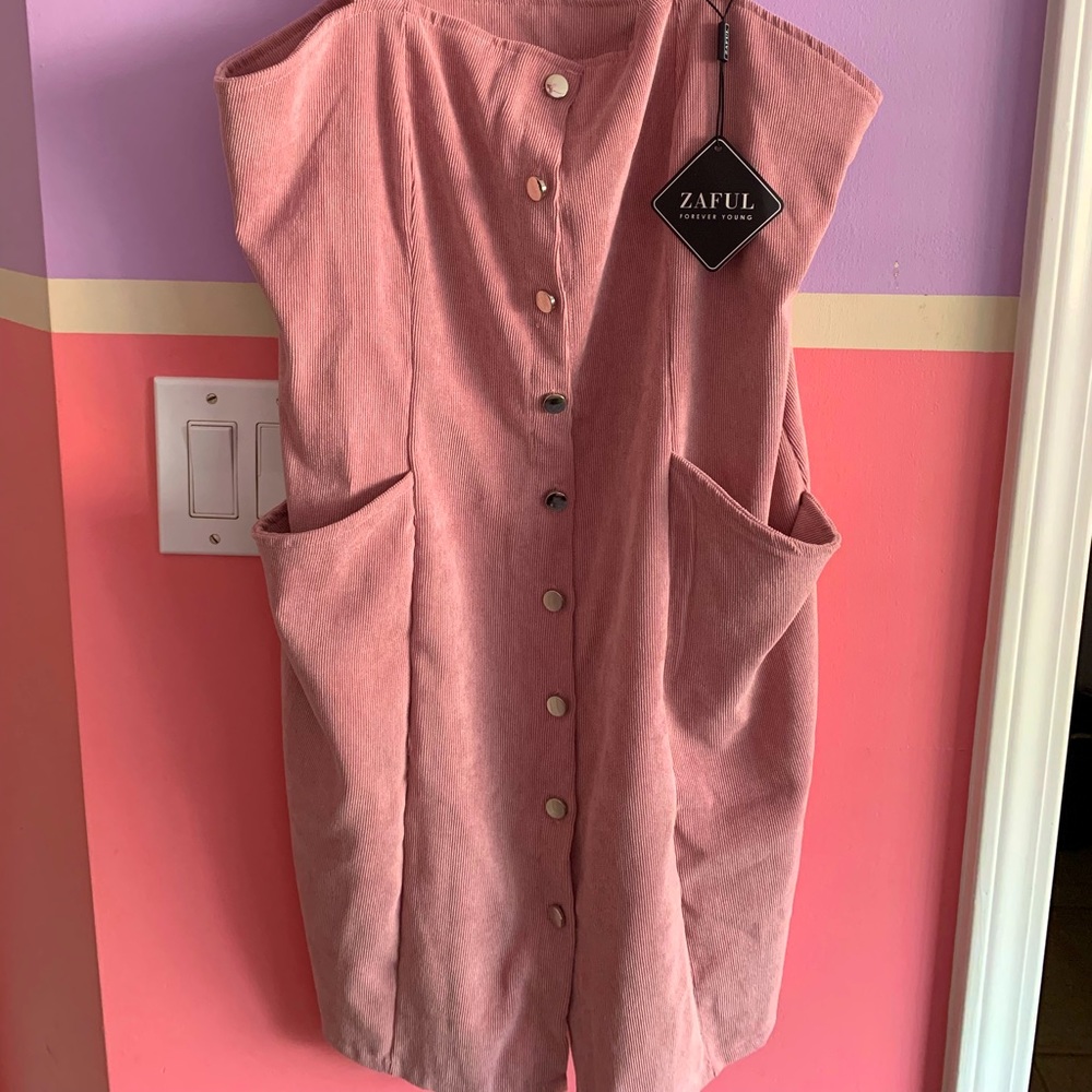 Pink Corduroy Dress w/ Silver buttons w/ pockets